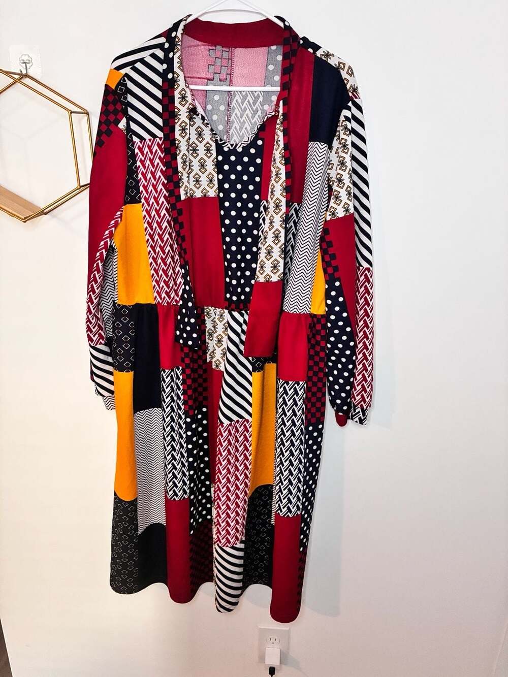 SHEIN Curve 4XL Mixed Print Patchwork Long Sleeve Midi Dress